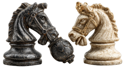 Chess Knight Confrontation: Captivating close-up view of the intricately carved chess knights, locked in a silent strategic battle. Emphasizing the game's intellectual duel.