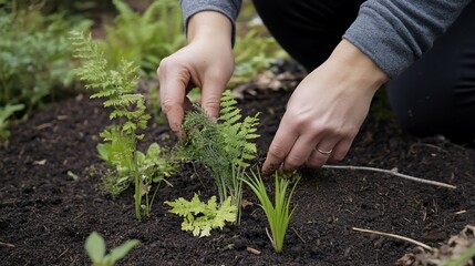 Hands gently placing fern saplings into freshly tilled earth garden