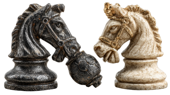Chess Knight Confrontation: Captivating close-up view of the intricately carved chess knights, locked in a silent strategic battle. Emphasizing the game's intellectual duel.