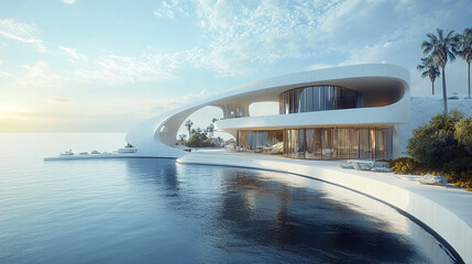 Obraz premium stunning oceanfront property featuring luxury architecture, surrounded by palm trees and serene