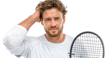 Frustrated Tennis Player: A tennis player in a moment of confusion, the man scratching his head and holding his racket. The portrait captures the intensity of sport.