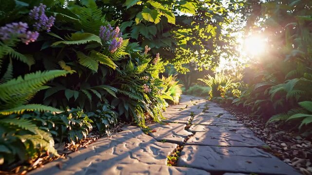 Low-angle video shot of a serene garden path with sunlit ferns and flowers, creating a tranquil and inviting natural atmosphere.
