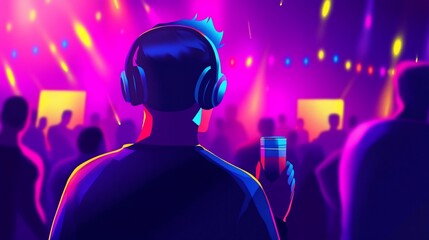 Vibrant nightlife scene with person in headphones enjoying music and drinks
