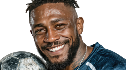 Elite Footballer in the Spotlight: A striking and confident male athlete, his physique honed and athletic, beams with a captivating smile, his gaze direct and inviting. He clutches a football.