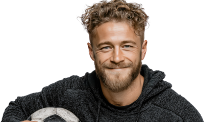 The Confident Athlete: A close-up portrait of a smiling athlete, a soccer ball nestled close. Capturing the essence of confidence and dedication, this photo is perfect for any sports-related project.