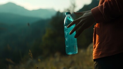 Refreshing blue water bottle held in hand with a beautiful mountain view