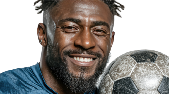 Soccer Star's Triumph: An portrait of an African-American soccer player radiates joy as he clutches a soccer ball, against background, symbolizing athletic dedication.