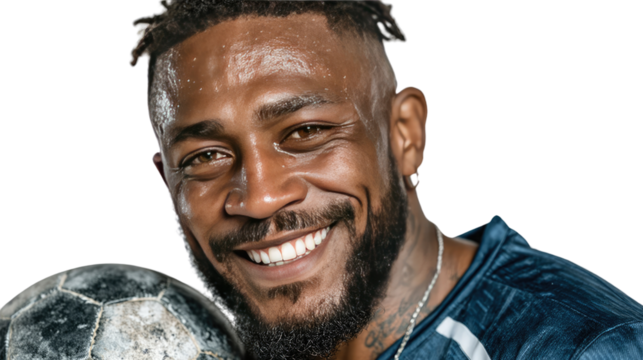Elite Footballer in the Spotlight: A striking and confident male athlete, his physique honed and athletic, beams with a captivating smile, his gaze direct and inviting. He clutches a football.