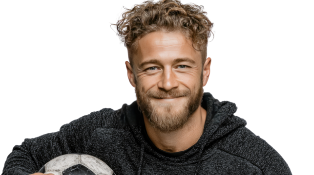 The Confident Athlete: A close-up portrait of a smiling athlete, a soccer ball nestled close. Capturing the essence of confidence and dedication, this photo is perfect for any sports-related project.