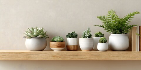 Fototapeta premium Wooden shelf, right: small potted succulents, fern in white pots. Light beige wall, empty left. Minimalist, clean interior, soft natural light.