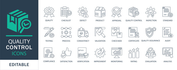 Quality control line icons set. for product inspection, testing, rating, checklist, and process analysis. Perfect for business, and production design.