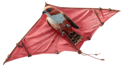 Soaring Kite: A vibrantly designed kite shaped like a bird, it showcases detailed craftsmanship, and symbolizes joy and playfulness against the backdrop of clear skies.