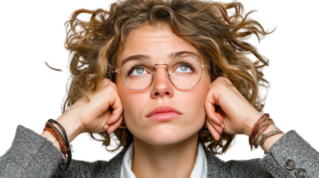 Thoughtful woman with glasses: A young woman with curly hair and glasses, wearing a grey jacket, sits thoughtfully, hands covering her ears. Her expression is one of contemplation and introspection.