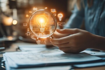 Hand holding a magnifying glass over a glowing light bulb, symbolizing innovation and new ideas in business or research