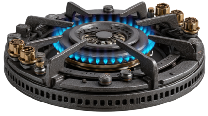 Precision Cooking: A close-up shot captures a modern gas burner ablaze with vibrant blue flames, showcasing the sleek design of contemporary kitchen technology.