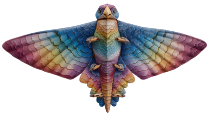 Rainbow Kite in Flight: A vibrant, colorfully painted kite, shaped like a bird, soars in the sky. The artistic design showcases a spectrum of hues, capturing the essence of flight, imagination.