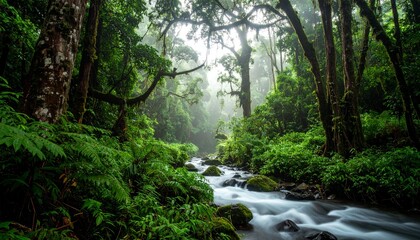 Obraz premium Tropical forest in the morning with fog. Deep in the rainforest. Southeast Asian rai 
