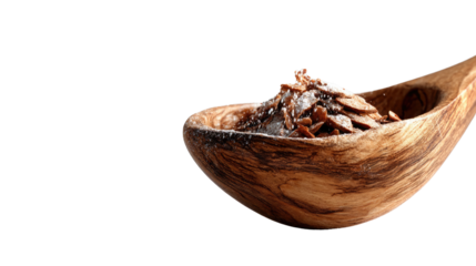 A Spoonful of Goodness: A close-up view of an olive wood spoon, overflowing with flakes. The composition is simple yet beautiful, emphasizing the natural textures and organic shapes.