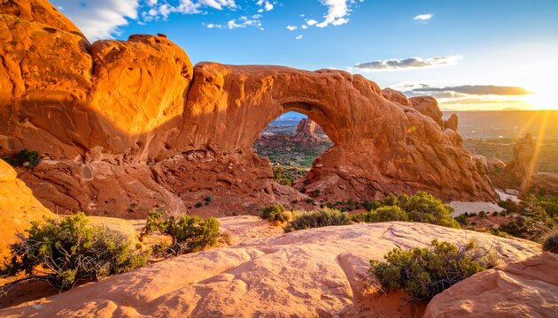 Evening light over North Window with Turret Arch in the distance, Arches National Par