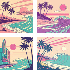 A retro beach with waves, palm trees, and a synthwave sun. 