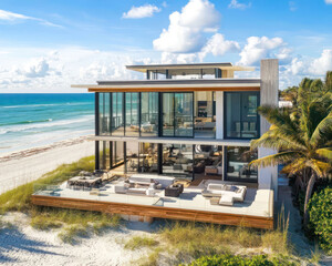 Fototapeta premium Beachfront home with retractable glass walls and outdoor lounge
