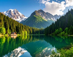Fototapeta premium Beautiful mountain lake landscape. Lake water reflectons in mountain forest 