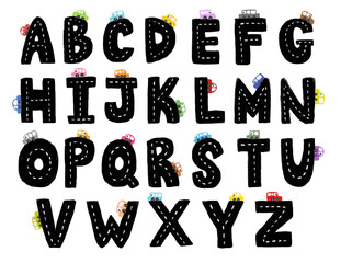 Cute set black hand drawn uppercase alphabet ABC letters font with striped road street and colorful cars vehicle transportation theme doodle crayon watercolour kids illustration clipart poster nursery