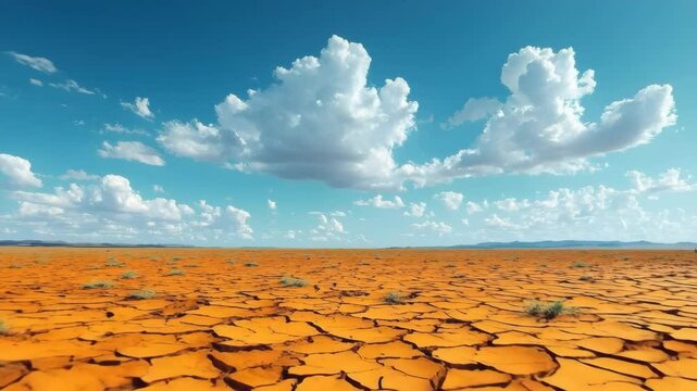 Cracked earth under a vast blue sky in a desert landscape