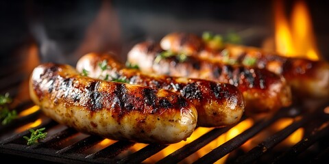 Sizzling Frankfurter sausages on barbecue grill, close-up. Prominent char marks, glowing hot embers visible. Appetizing food photography.