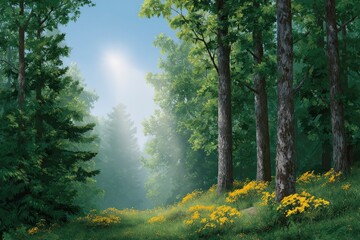 Obraz premium Serene Sunlit Forest Path: A Misty, Yellow-Flowered Meadow