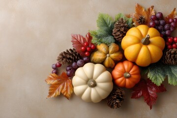 Autumn Harvest: Pumpkins, Grapes, and Fall Leaves in a Rustic Still Life