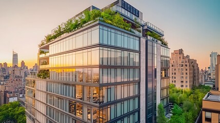 A luxury hotel building with glass facades and a lush rooftop garden, set against a warm beige background, showcasing a blend of modern and natural elements