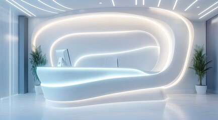 Modern, white reception desk with futuristic design