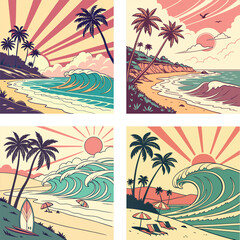 A retro beach with waves, palm trees, and a synthwave sun. 