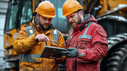 Engineers review construction site data on tablet during rainy conditions inspection - Powered by Adobe