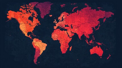 A colorful world map with gradient shades of red, orange, and yellow on a dark background displaying country borders.
