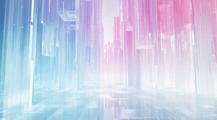 Pastel-toned, futuristic cityscape