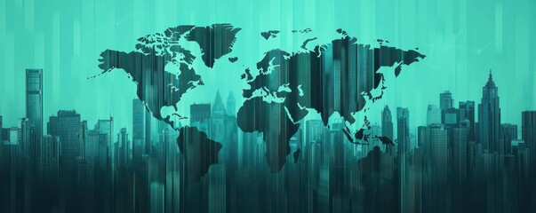A digital world map overlays a modern city skyline with vertical lines, symbolizing global connectivity and urbanization.