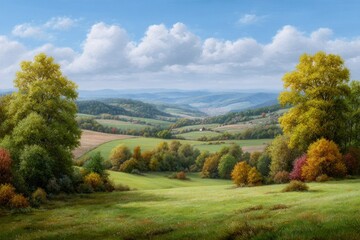 Autumnal Valley Landscape: Serene Pastoral Painting