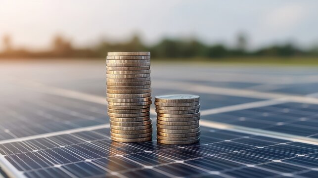 Stacks of coins sit on solar panels, symbolizing financial investment in renewable energy.