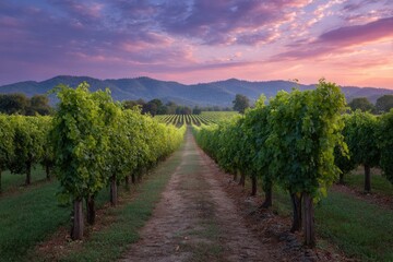 Naklejka premium Serene Vineyard Sunset: Lush Green Vines and Purple Hues
