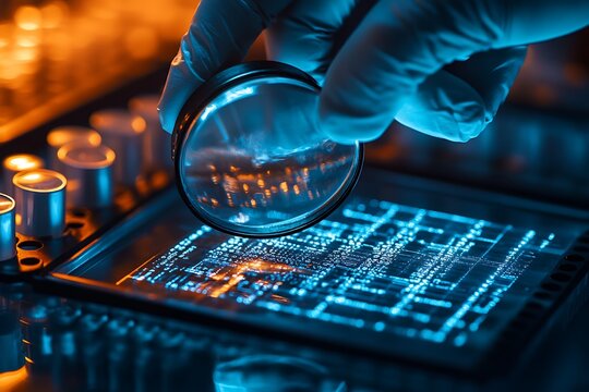 Close-up of a gloved hand examining a circuit board with a magnifying glass, illuminated by blue and orange light