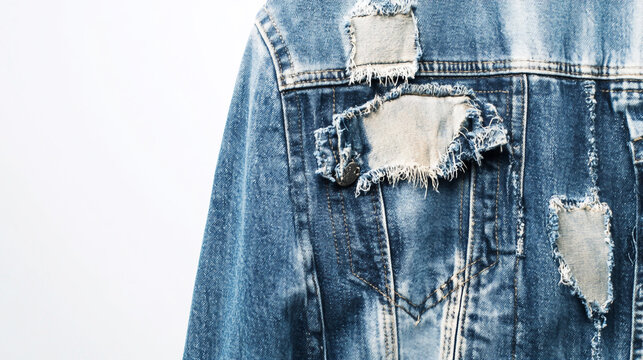 Craft an ultra-realistic photograph of the denim jacket, showcasing its distressed and worn appearance with frayed edges and patchwork details. 