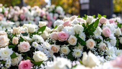 Artificial Funeral flowers, white and pink roses and other flowers