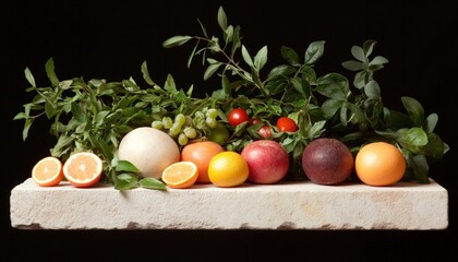 Fresh fruits and greenery still life on textured stone healthy eating and natural ingredients