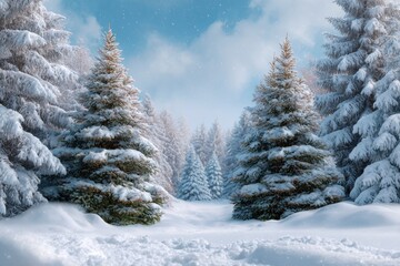 Fototapeta premium Snow-Covered Pines: A Serene Winter Wonderland Scene