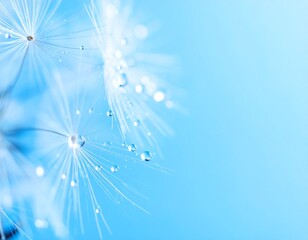 Naklejka premium Beautiful dew drops on dandelion seed macro. soft blue background. Water drops on par 