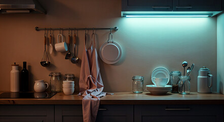 Modern kitchen countertop at night with cooking utensils