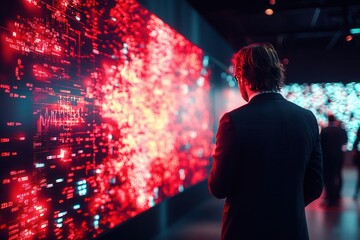 Business professional analyzing digital data visualization in a modern tech exhibit