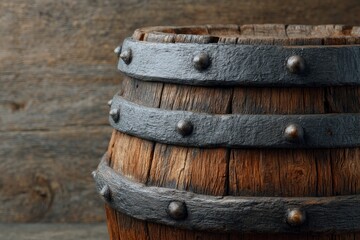 Fototapeta premium Aged Wooden Barrel: Rustic, Dark, and Metal-Bound